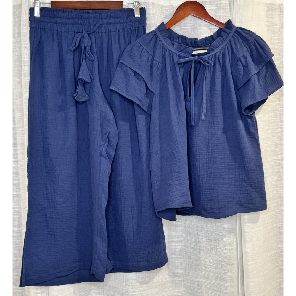 Just Living Navy Blue Gauzy Cotton Two Piece Outfit Top Pants Size Large Medium